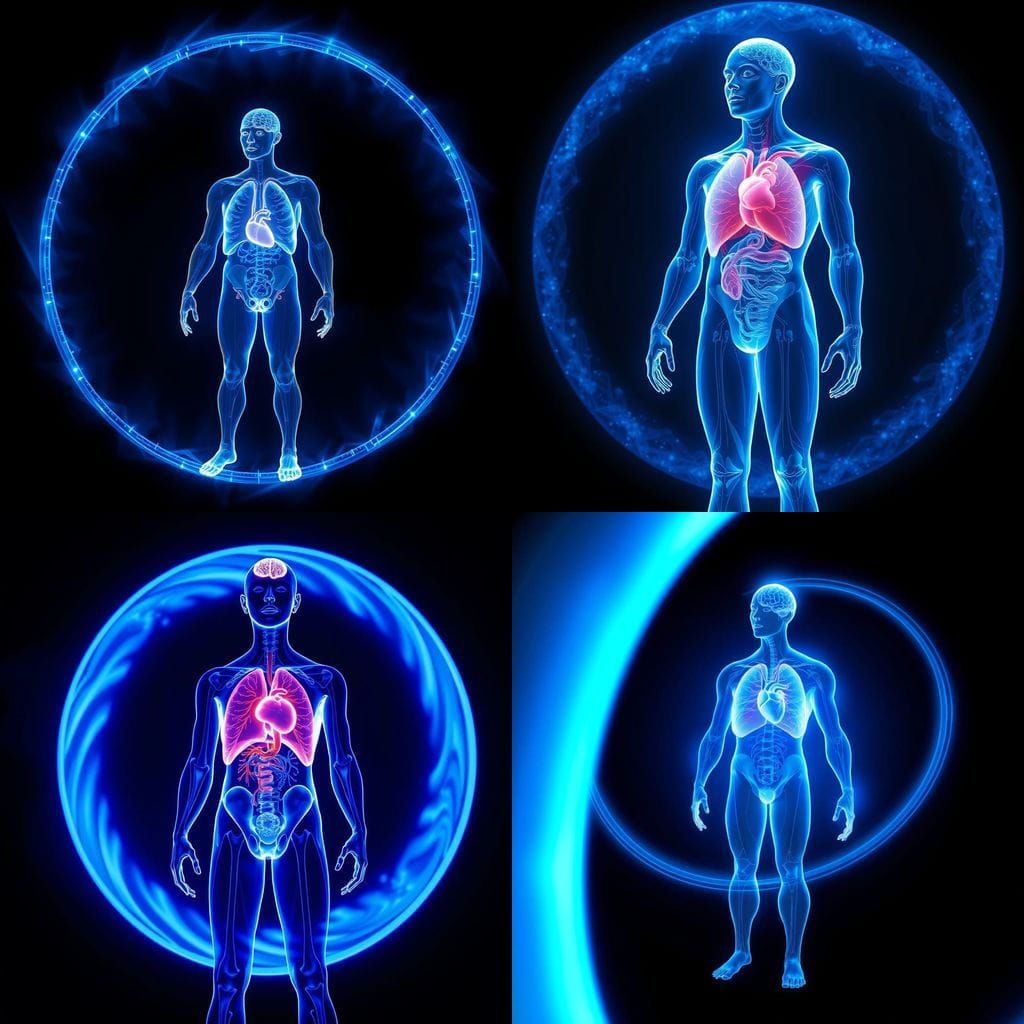 Human Hologram in Vibrant Blue, with Visible Organs and Ethe...