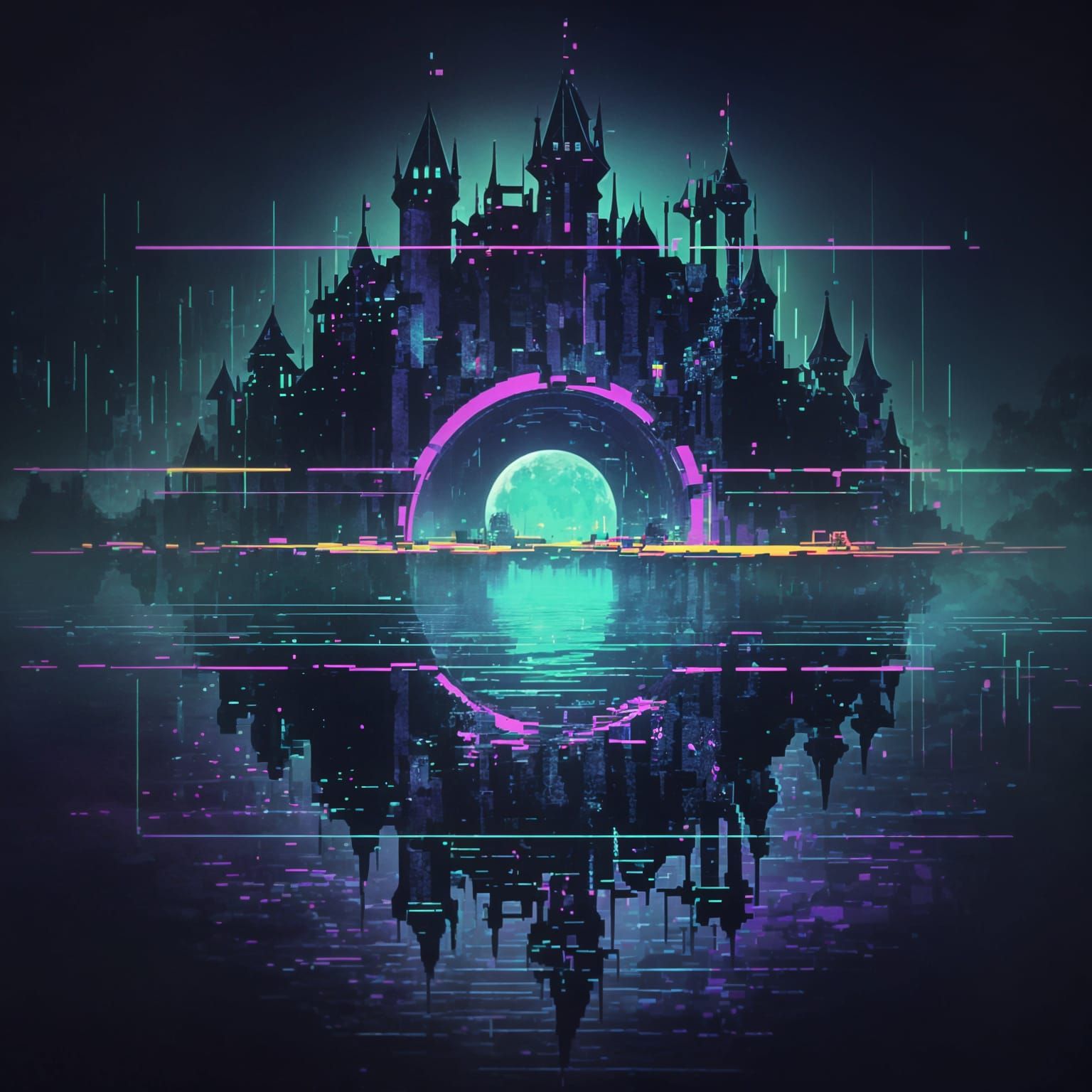 Moonlit Castle River in Glitchcore Style