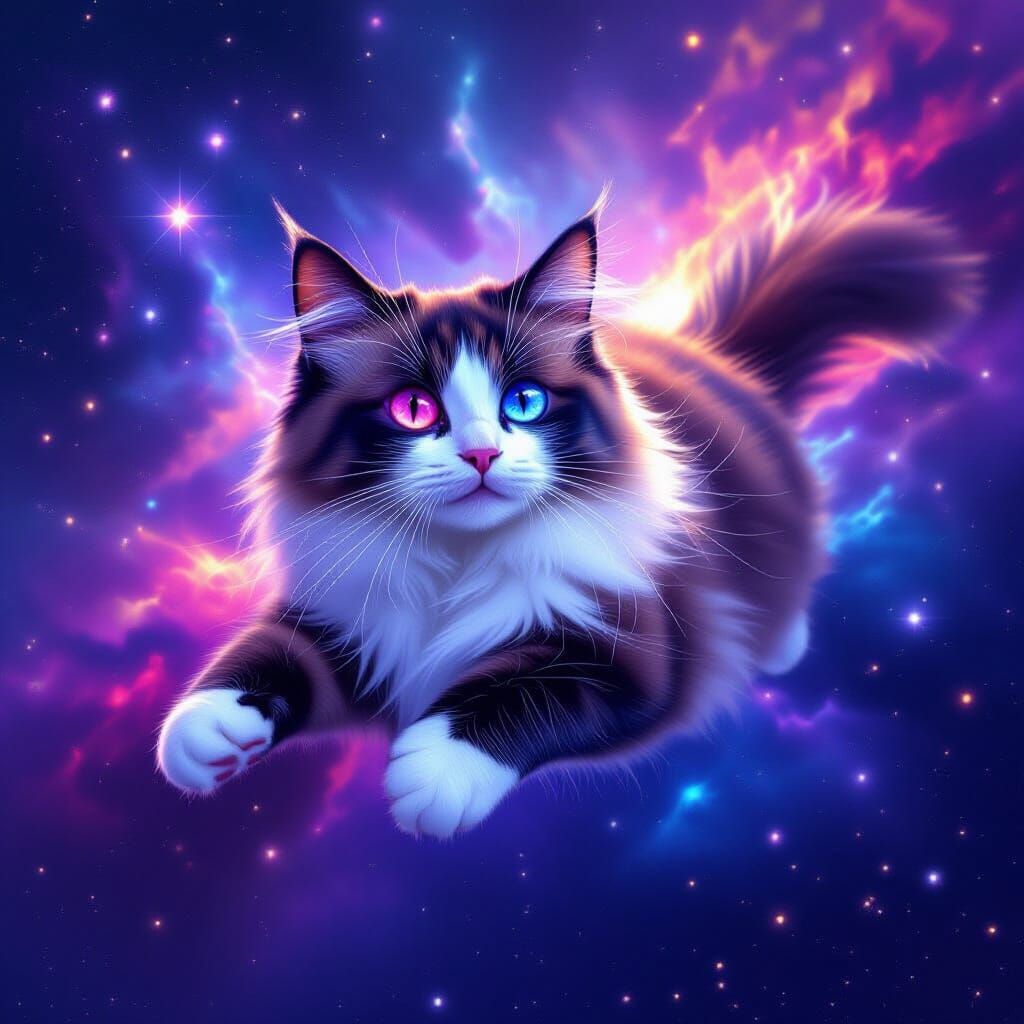 Tortoiseshell Cat in Cosmic Nebula with Purple & Blue Eyes
