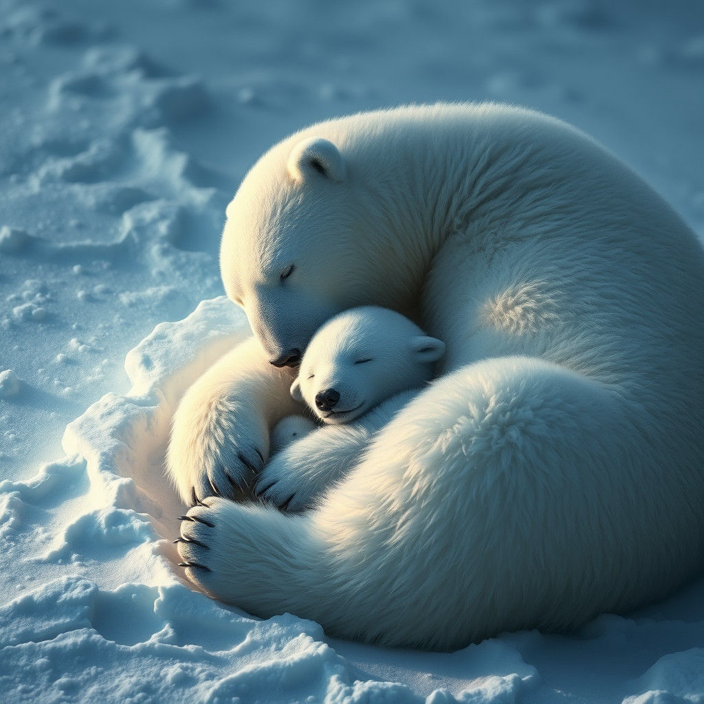 Serene Polar Bear Mother and Cub in Arctic