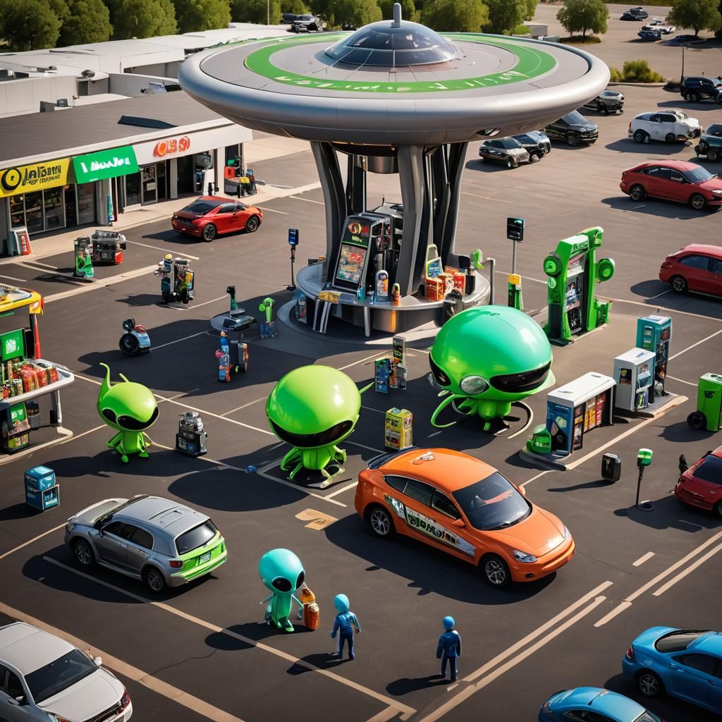 Sleek Alien Spacecraft Refuels at Futuristic Gas Station