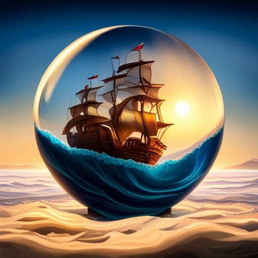 Pirate Ship Sailing in Crystal Ball: Hyperrealistic