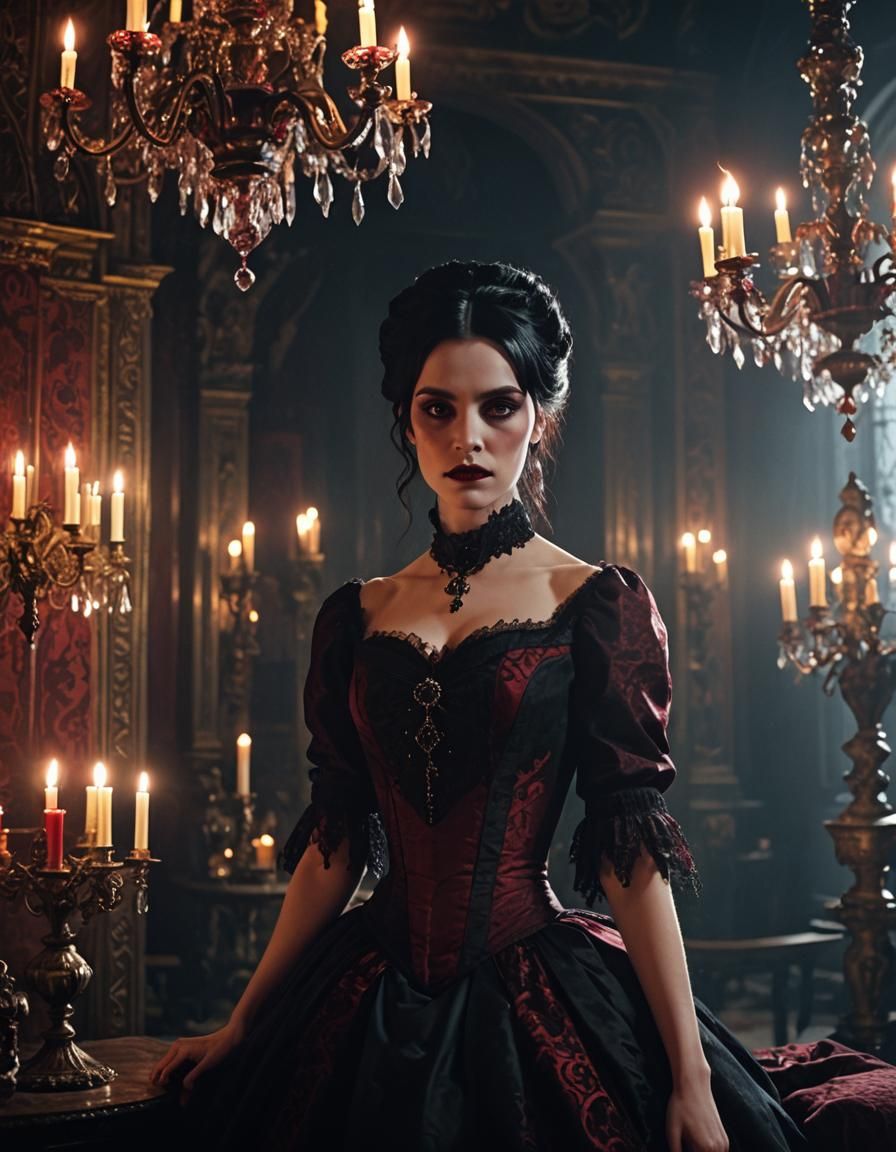 Vampire Girl in Victorian Dress, Cinematic Still