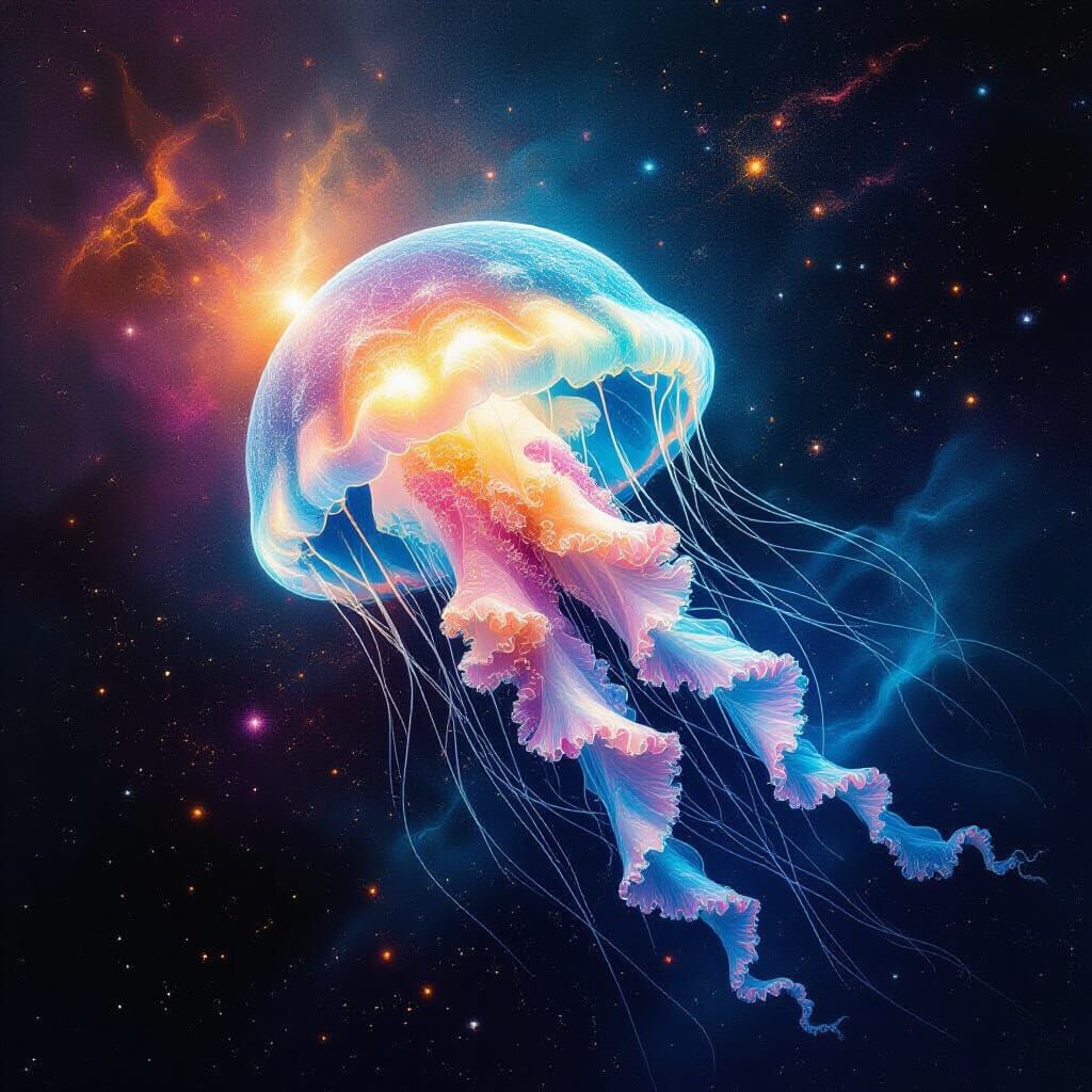 Bioluminescent Jellyfish in Cosmic Ocean, Abstract Expressio...