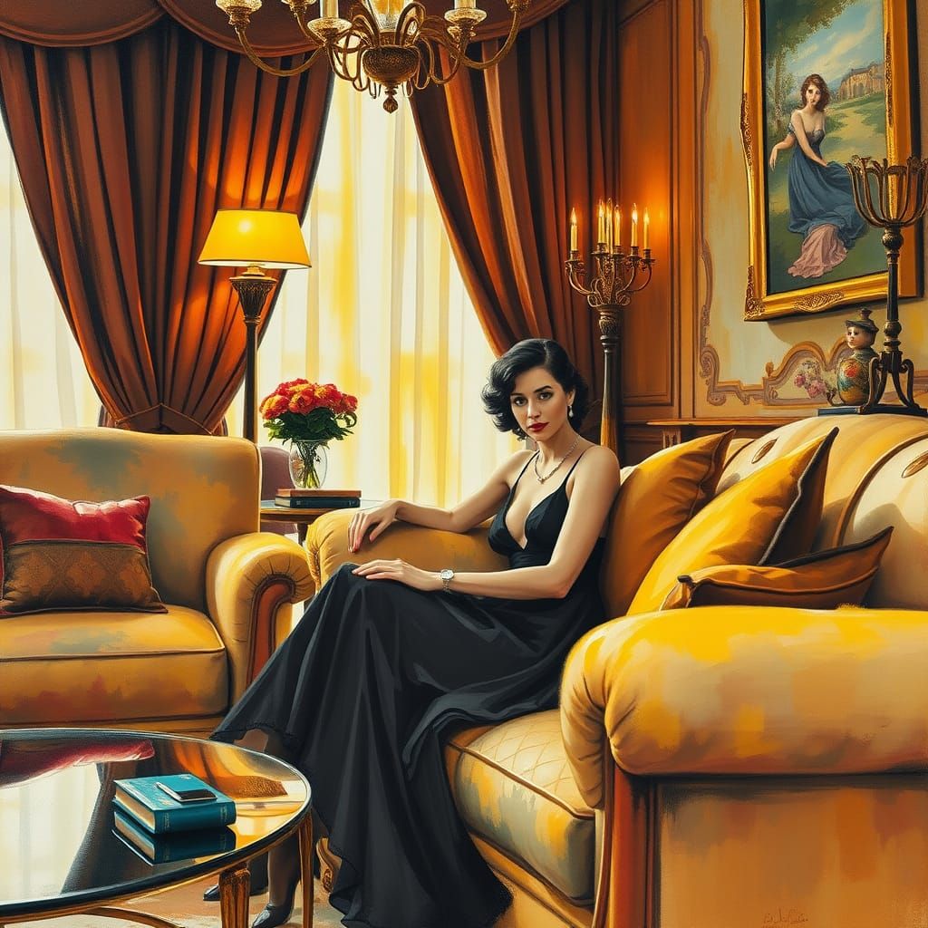 Golden Hour Salon, a Neo-Impressionist Oil Painting