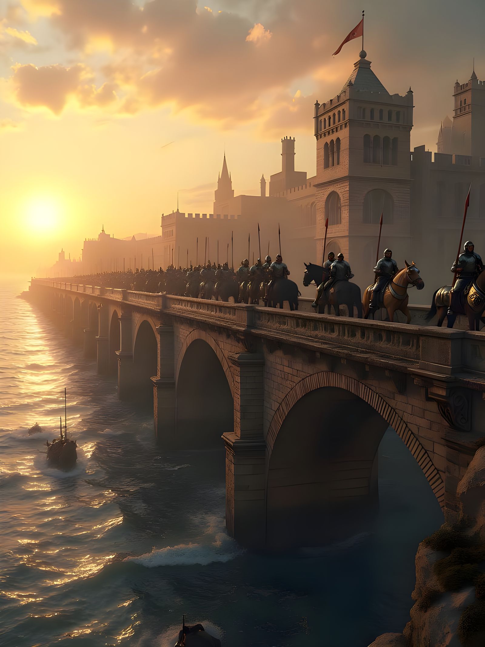 A beautiful  gigantic, very close up, majestic stone bridge in medieval times with soldiers with shields on their back a...