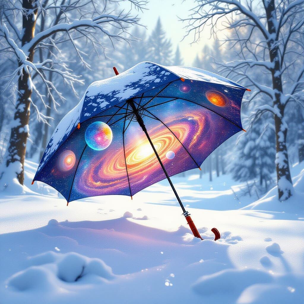 Cosmic Umbrella in Snowy Dreamscape Digital Art