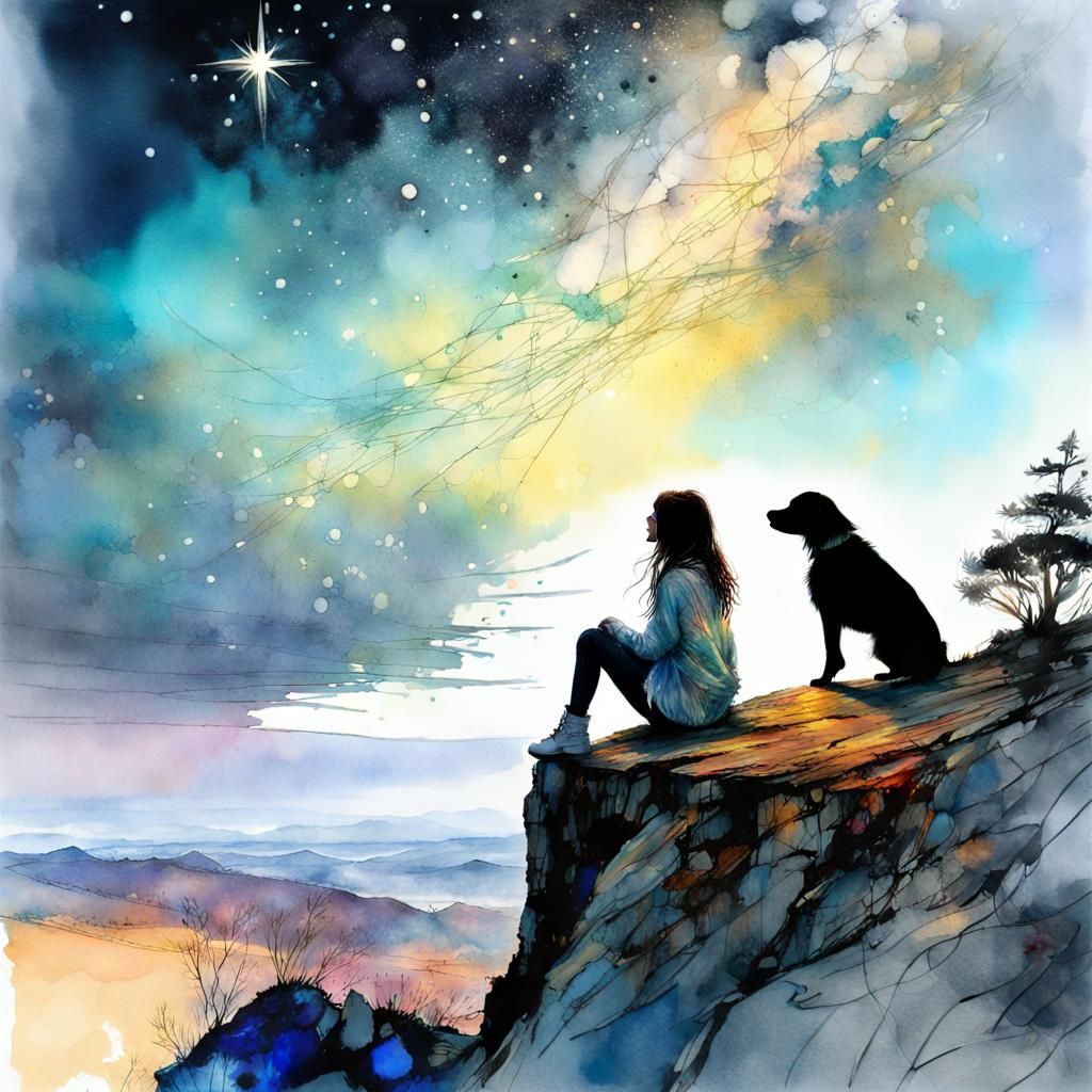 Woman and Dog Gaze at Stars in Watercolor Art