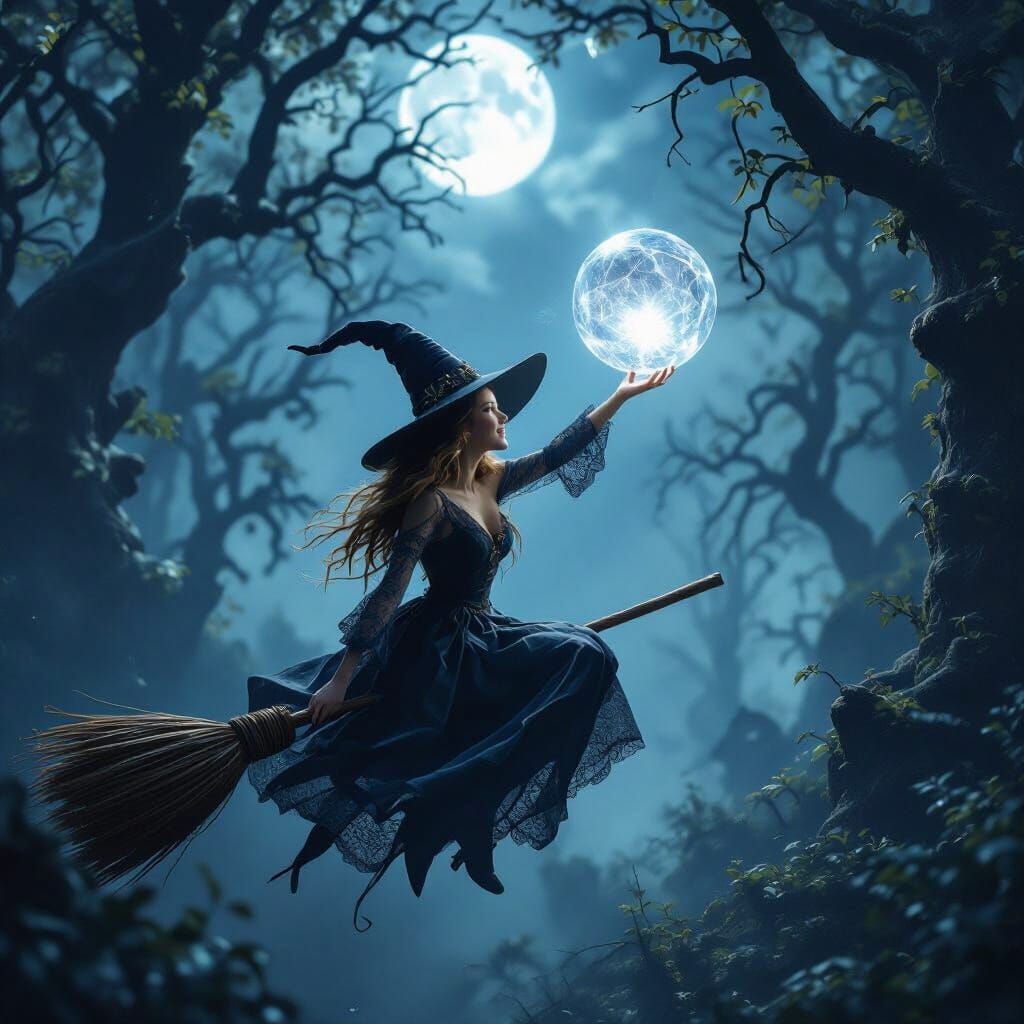 Cheerful Witch Flying on Broomstick in Moonlit Forest