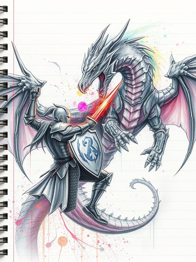Knight versus Dragon: Detailed Pencil Sketch