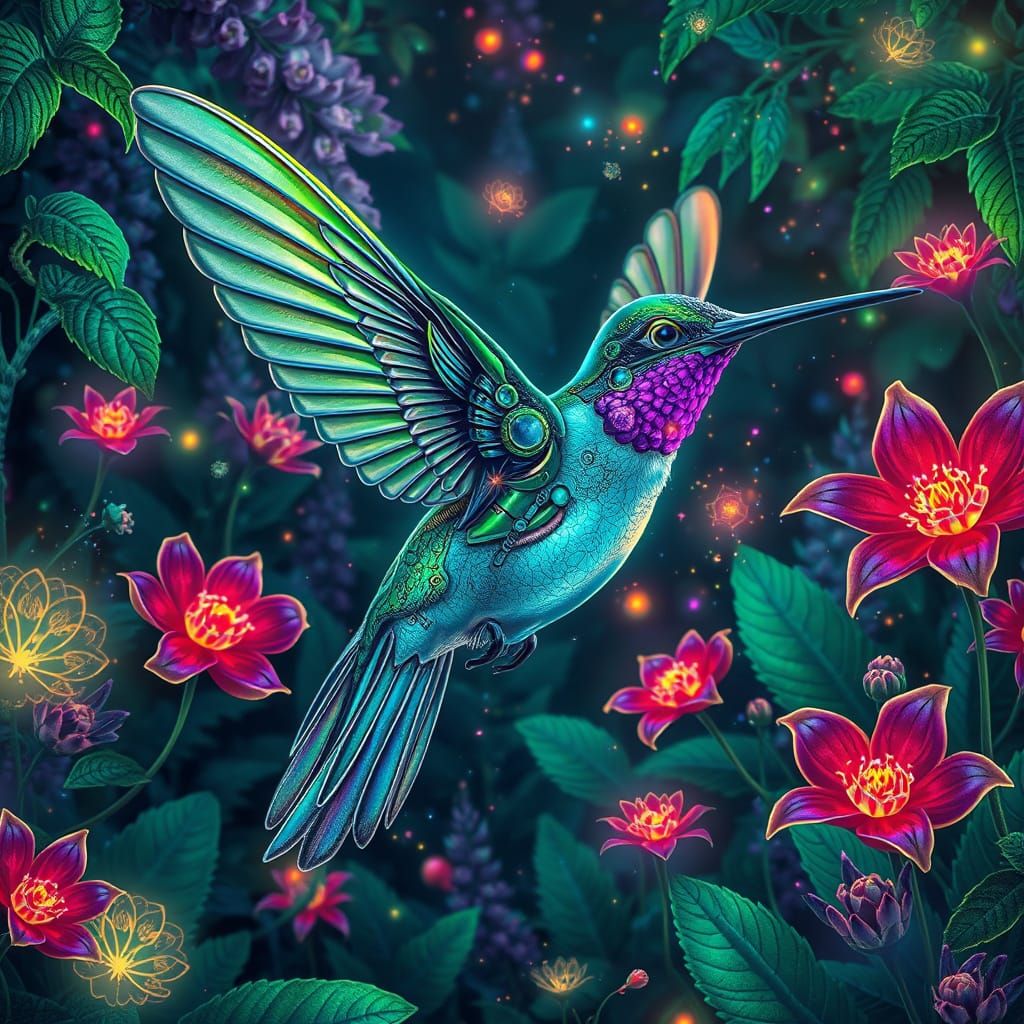 Biomechanical Hummingbird in Bioluminescent Garden
