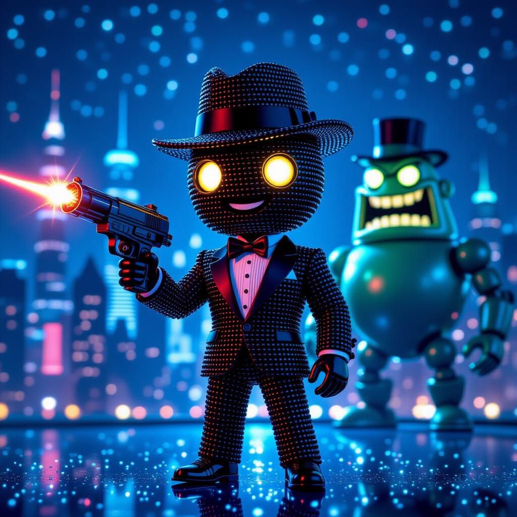 Suave Bead Agent in Neon Cityscape