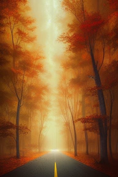Autumn Road Through Forest: Hyperrealistic Poster Art