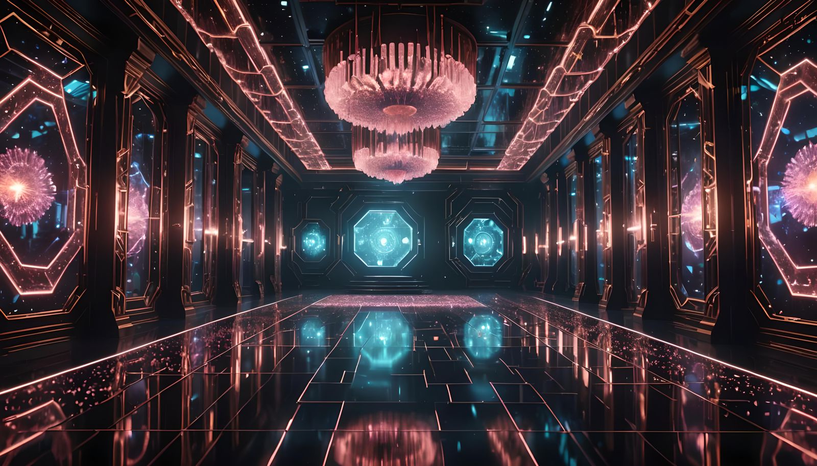 Futuristic Hall with Crystals, Mirrors, and Lasers