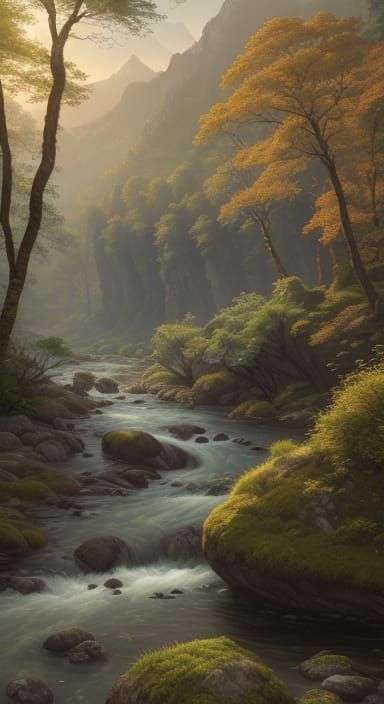 Surreal Mountain Landscape in Realistic Oil Painting Style