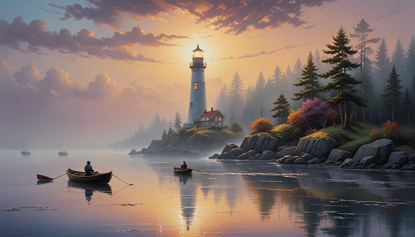 Ethereal Lighthouse in Misty Oil Painting