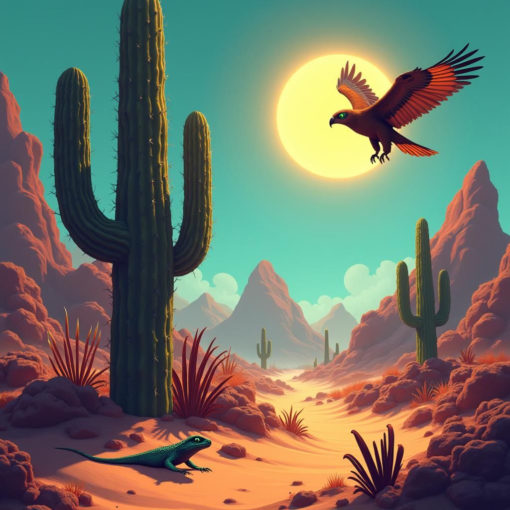 Desert Food Chain: Cactus, Lizard, and Hawk