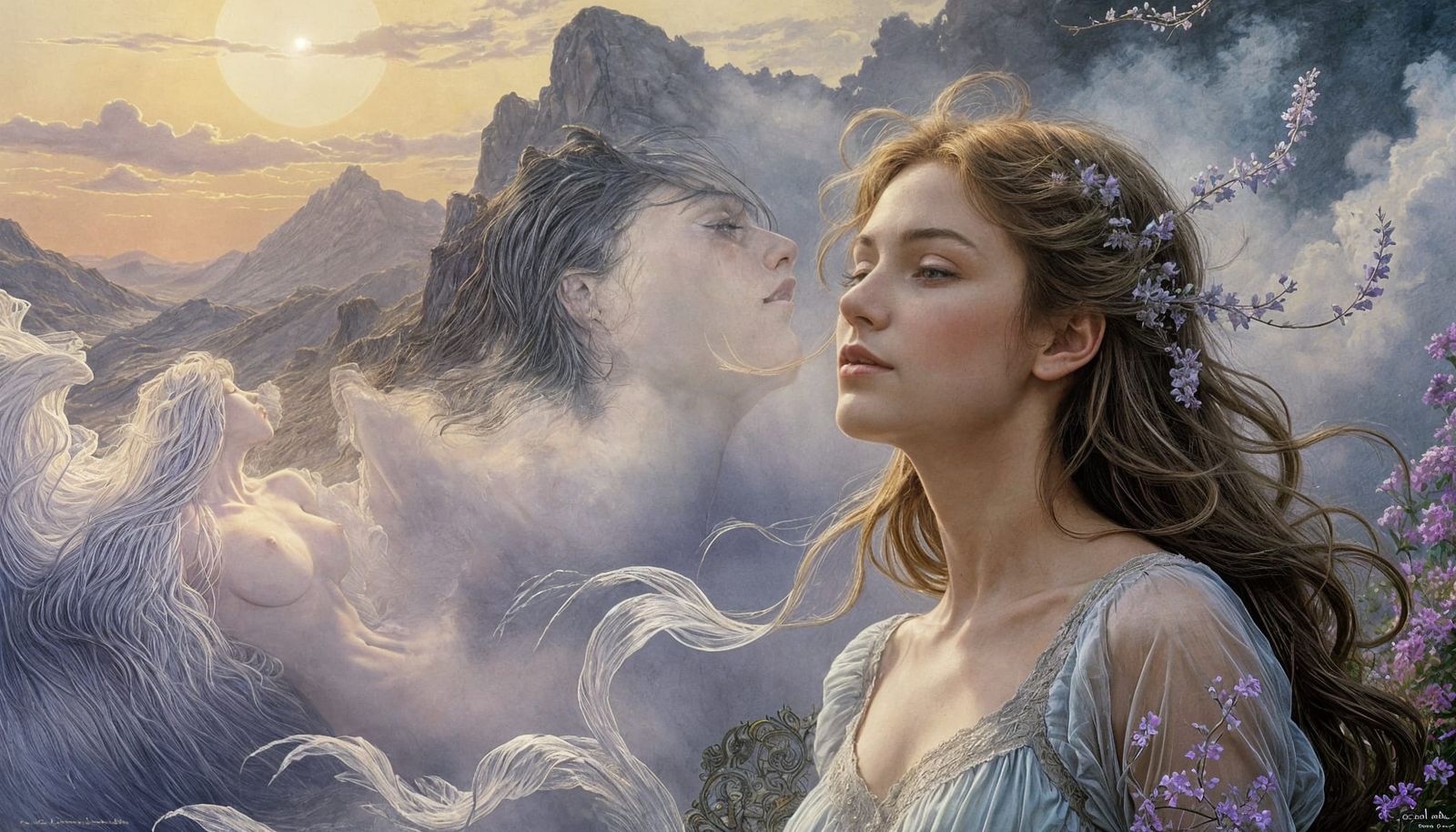 A Dreamlike Woman in Soft, Ethereal Mist, à la Art Nouveau