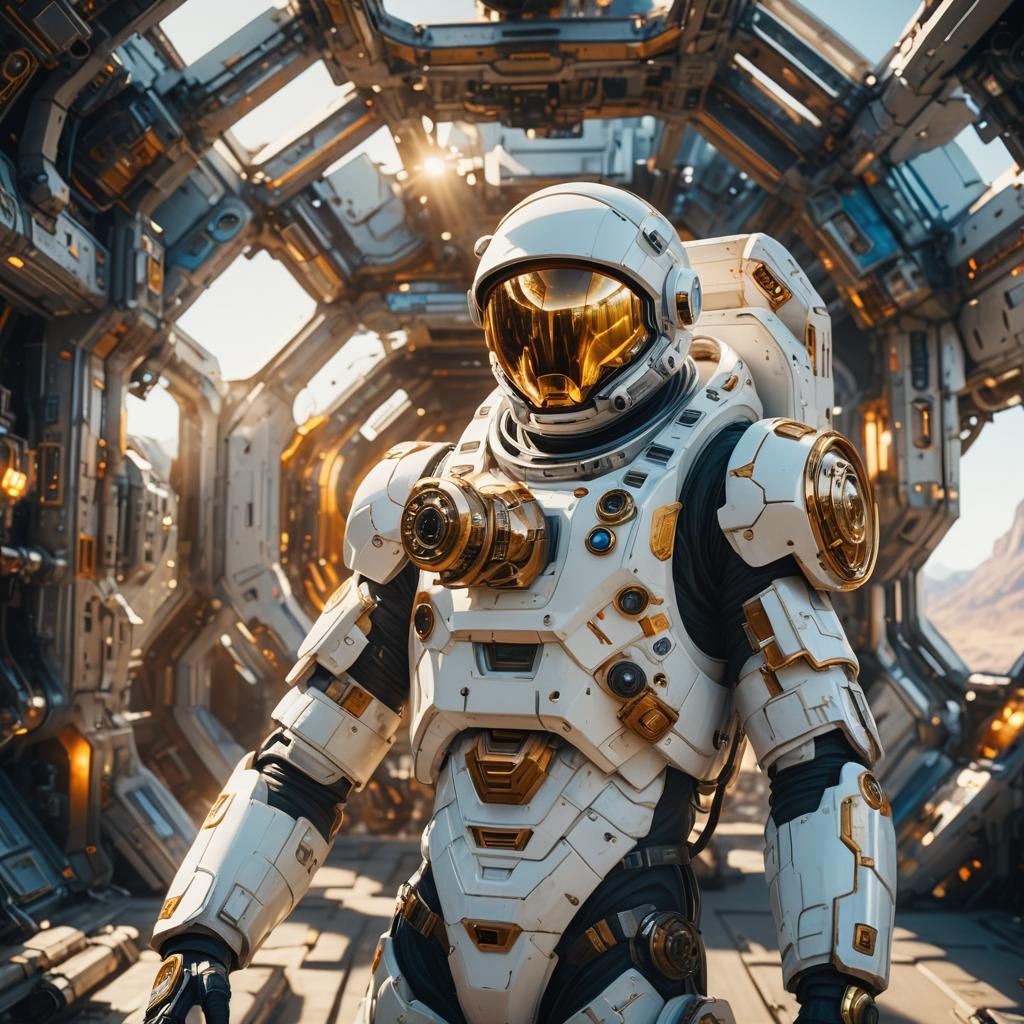 Astronaut in White Spacesuit with Gold Shield