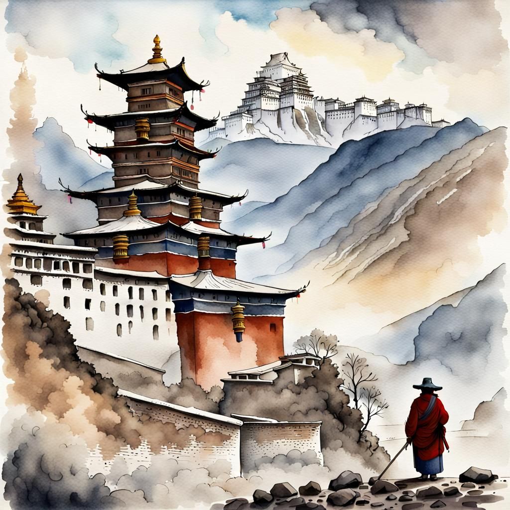 Tibet: Yak by Prayer Mill, Hokusai Watercolor