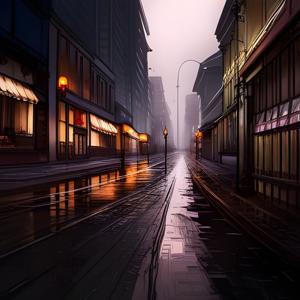 Sinister Rainy Night Street Scene with Flowers