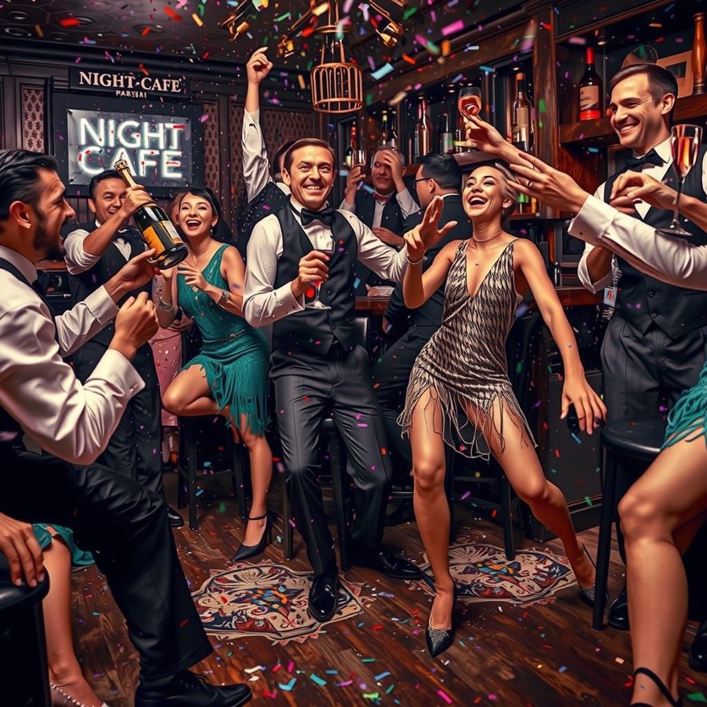 Vintage Jazz Dancers Celebrate in a MAXIMALIST Night Cafe