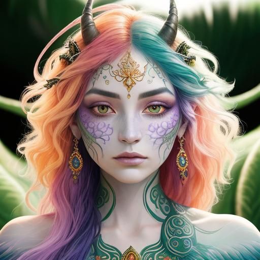 Mystical Being with Iridescent Horns and Feathered Plumes