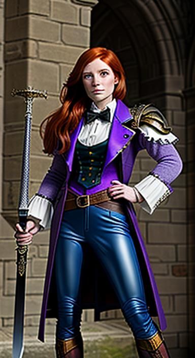 Steampunk Woman with Sword on Castle Battlements