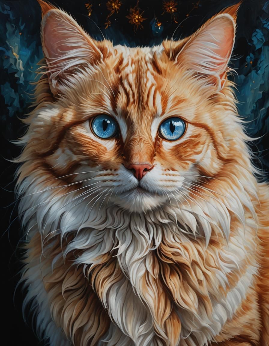 Cinnamon Angora Cat with Blue Eyes: Oil Painting