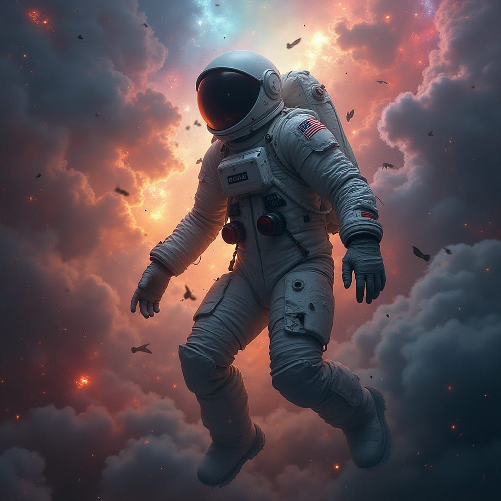 Lost Astronaut in a Swirling Galaxy, Hyperrealistic Painting