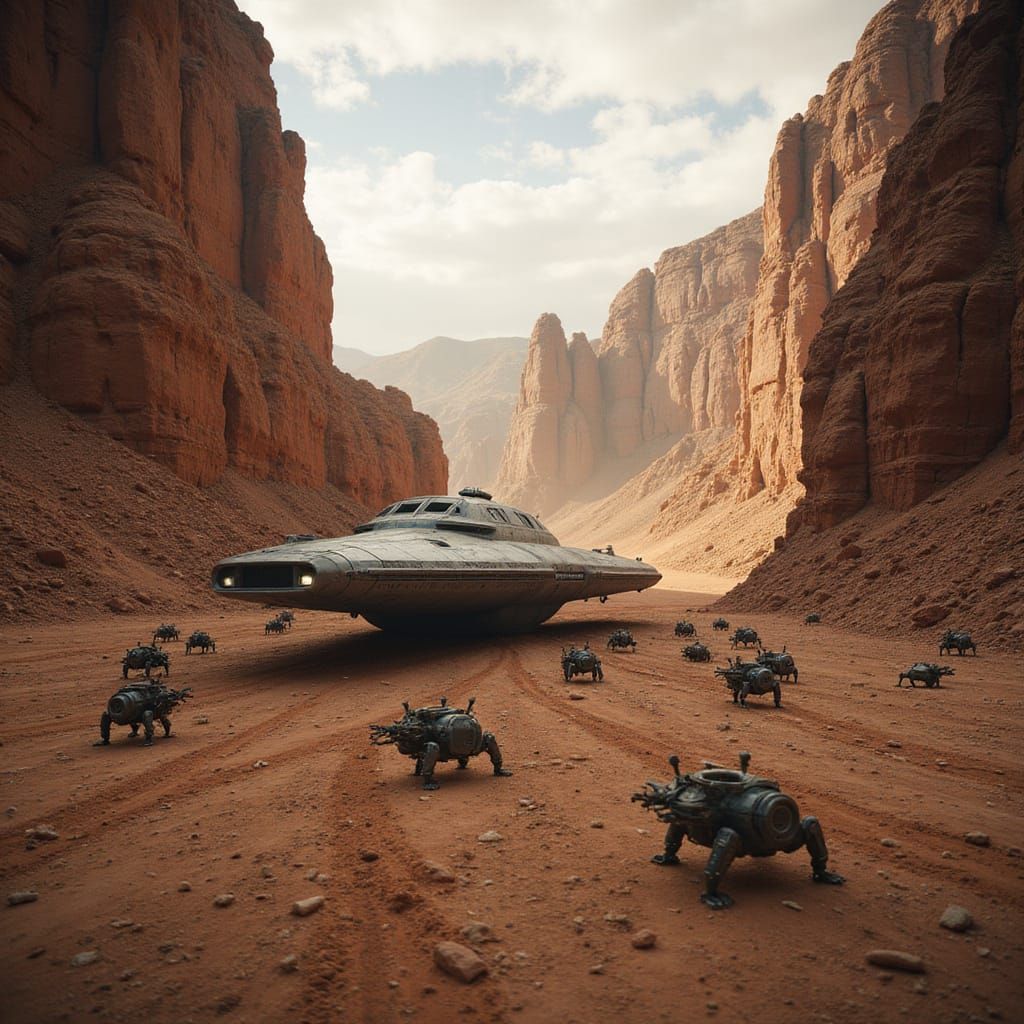 Starship on Desert Canyon with Robotic Ants