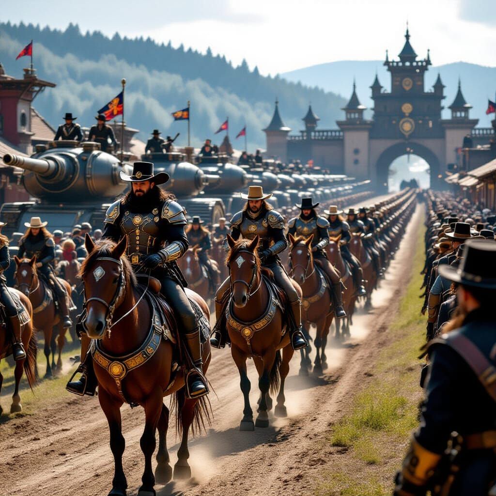 Steampunk Cowboy Knights and Tanks on Battlefield