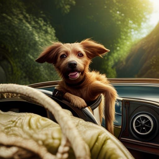 Dog Driving Car in Detailed Matte Painting