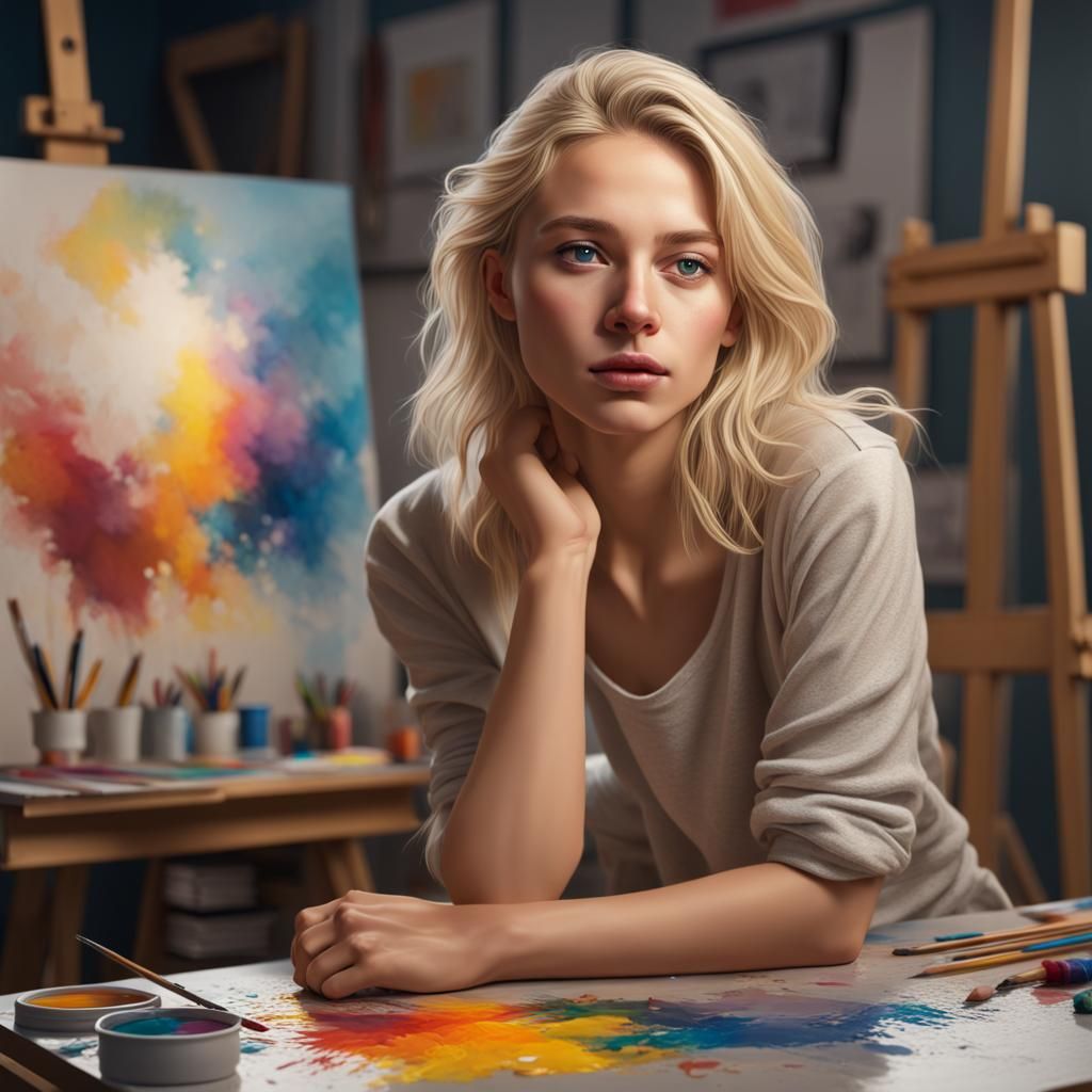 Hyperrealistic Portrait of a Blond Girl in Studio