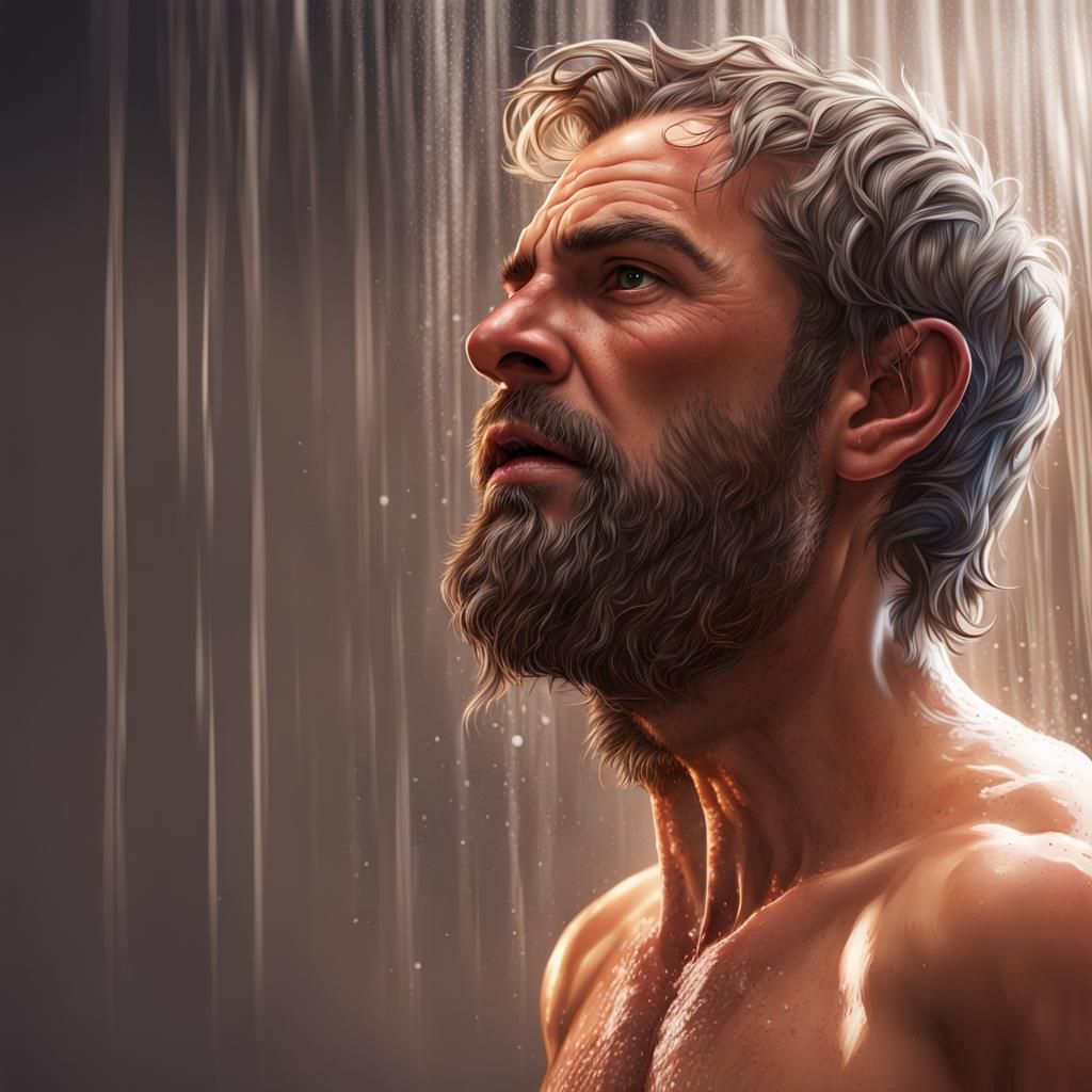 Hyperrealistic Portrait: Hairy Man in Shower