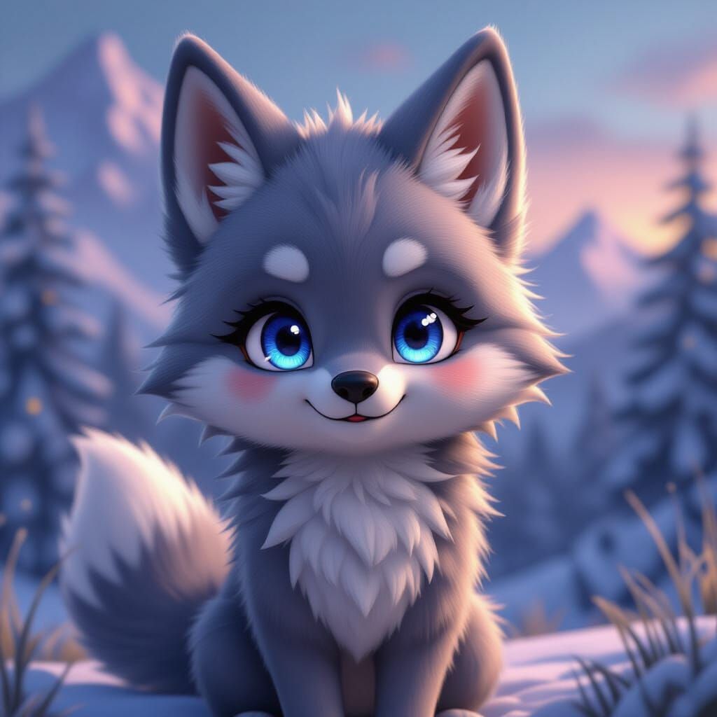 Cute Wolf Dog Hybrid Character with Blue Eyes