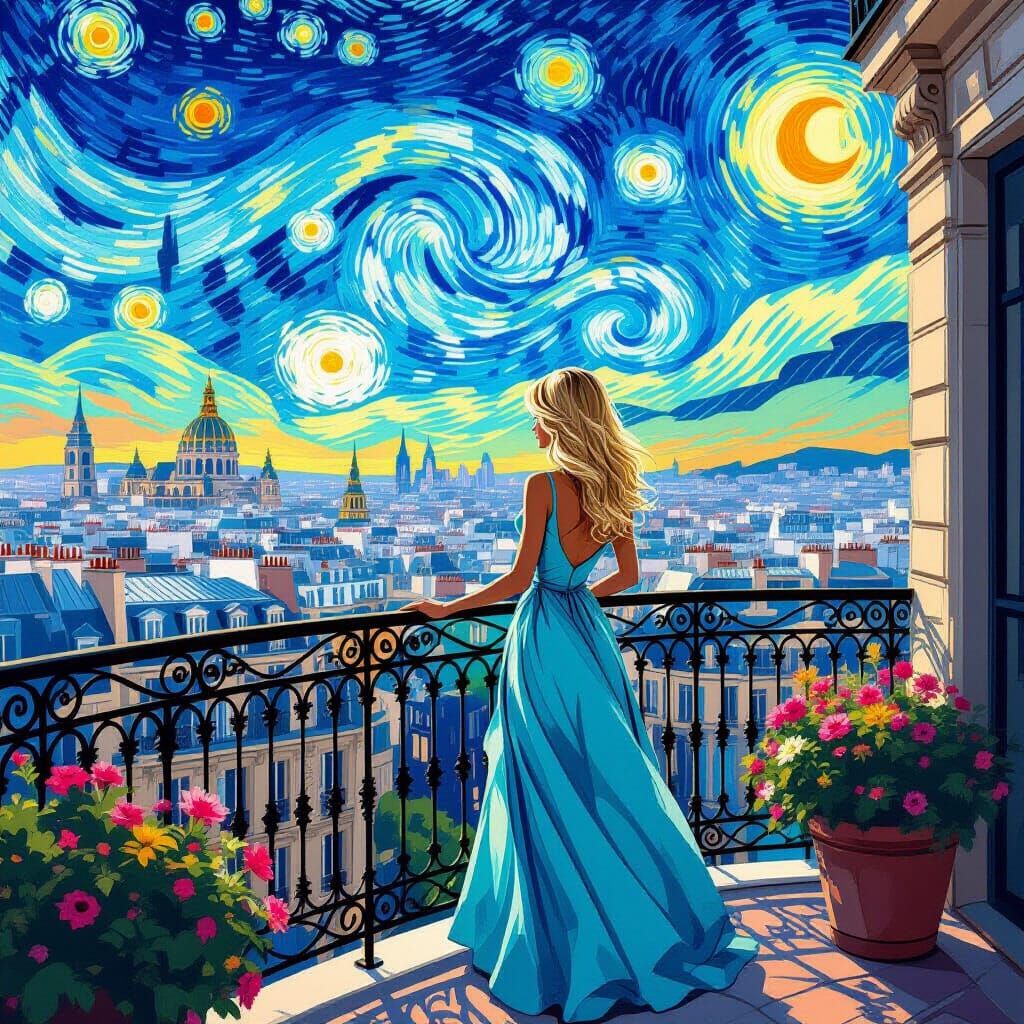 Parisian Balcony View with Swirling Stars