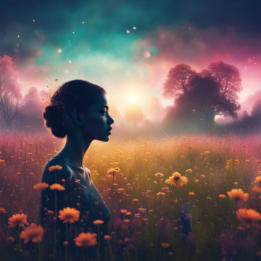 Flower Meadow Silhouette Landscape in Detailed Digital Art
