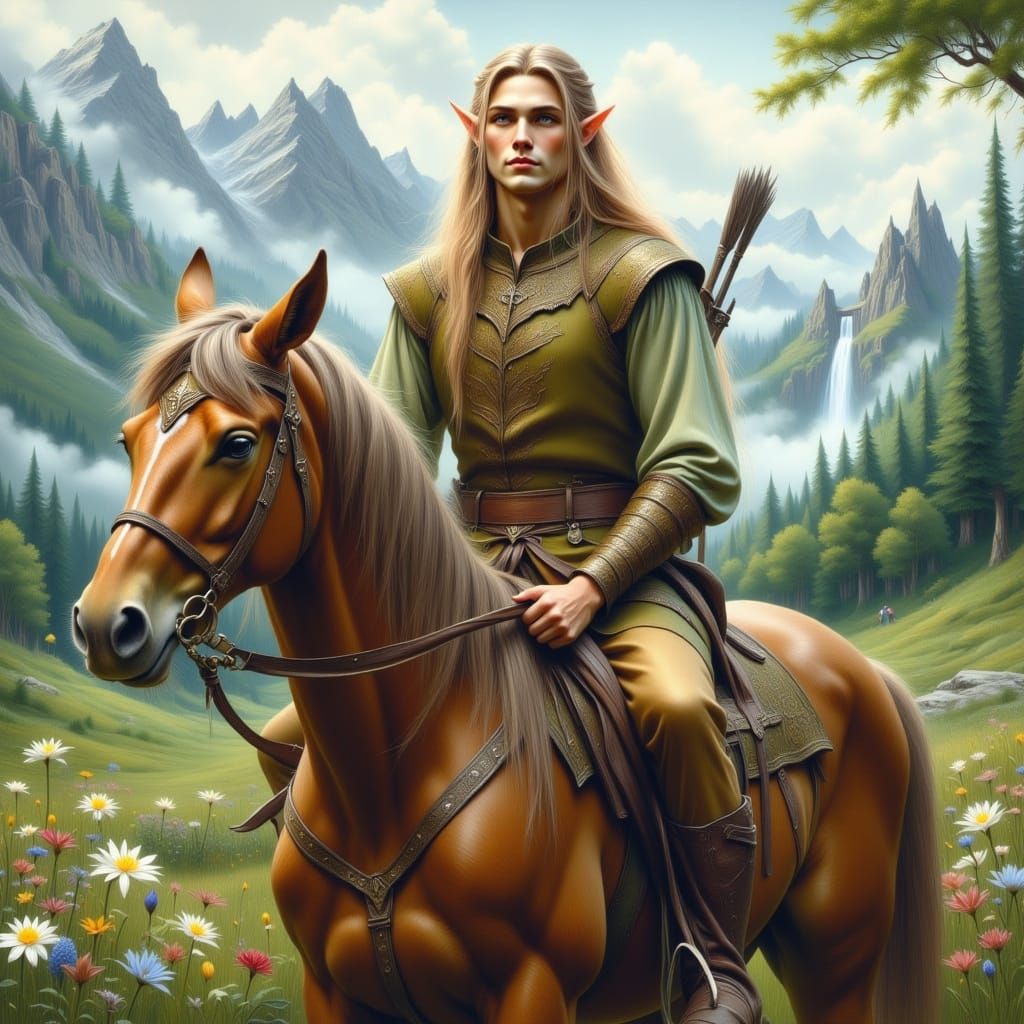 Handsome Elf Riding Horse in Colored Pencil Style