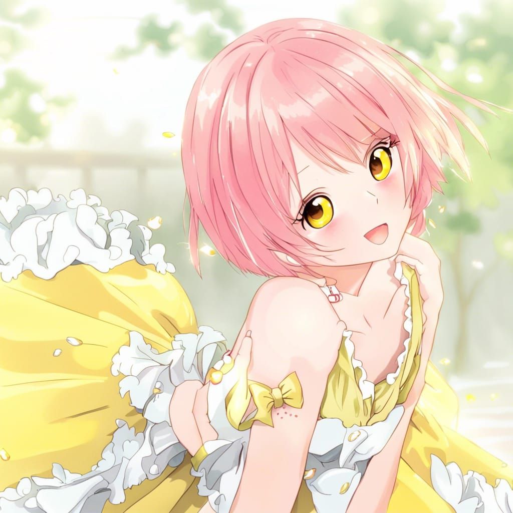 Anime Girl with Pink Hair and Yellow Dress