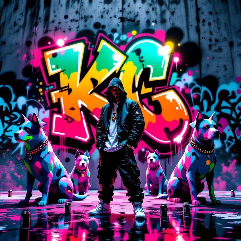 Fictional Rapper K in Vibrant Urban Graffiti Scene