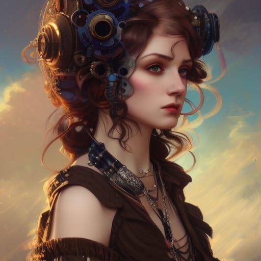 Steampunk Rock Princess Portrait with Rainbow Sky
