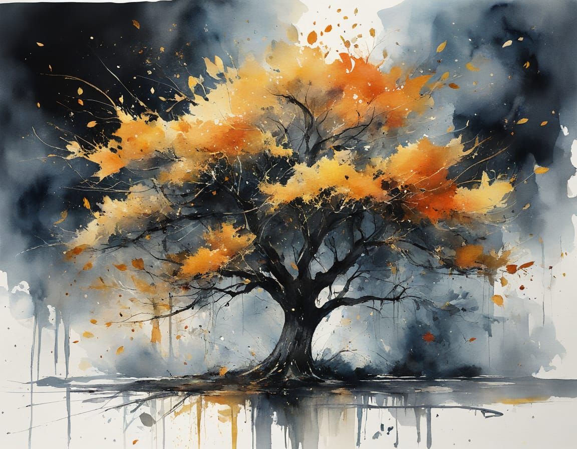 Golden Tree Against Starry Sky in Watercolor Style