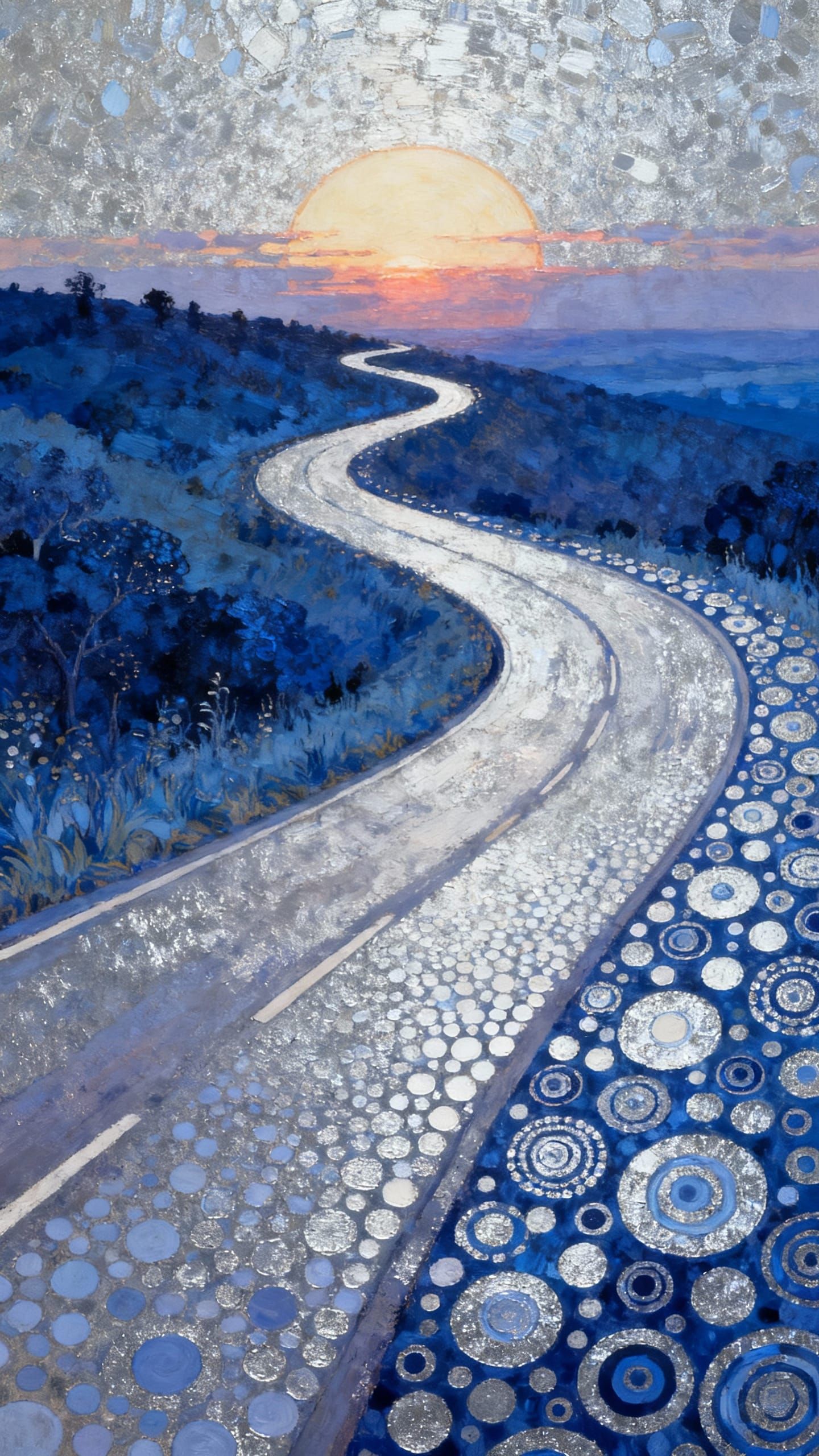 Mid-Century Pop Surrealism Sunrise Over Winding Road