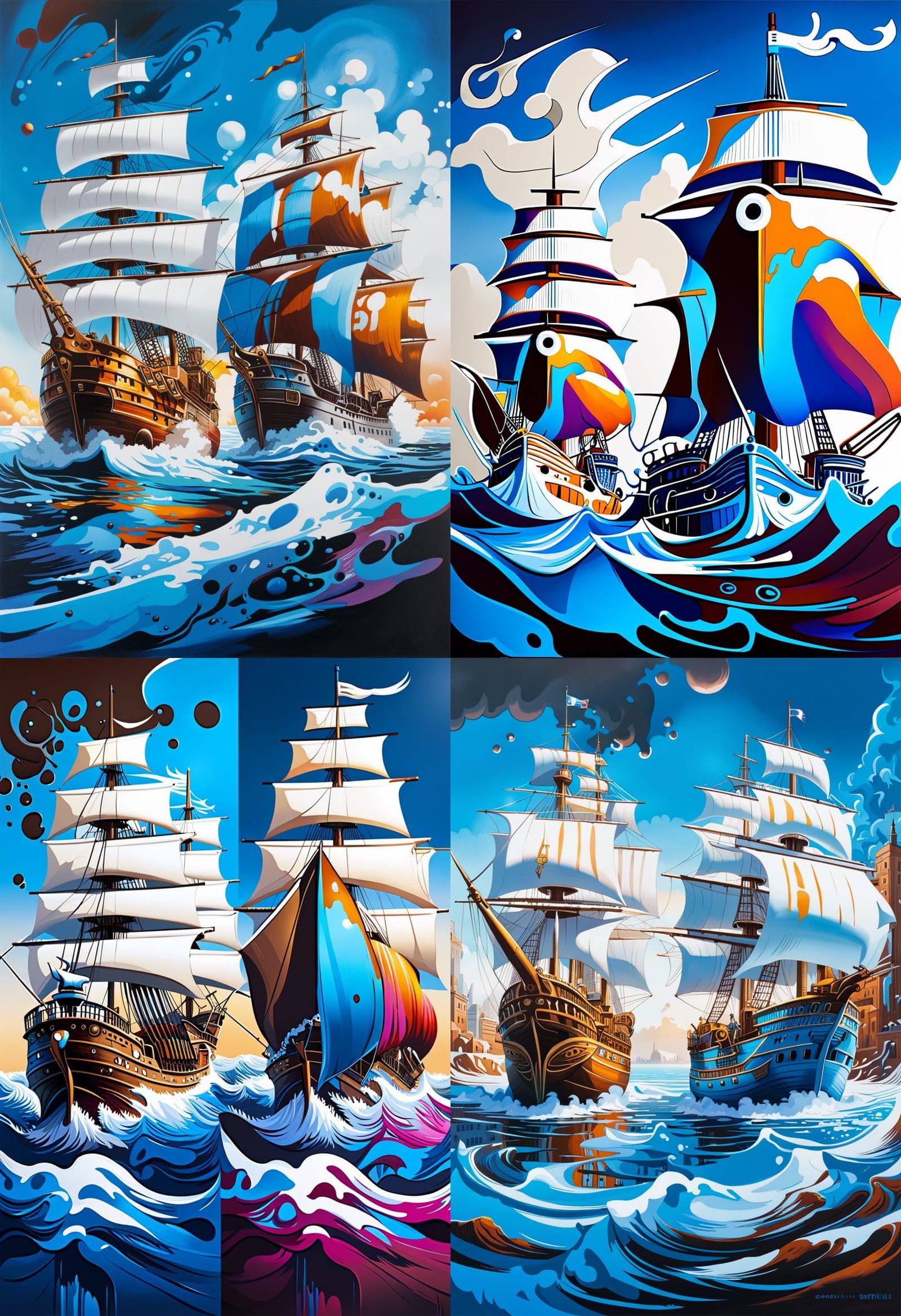 Dynamic Ships in Graffiti Splash Art Style