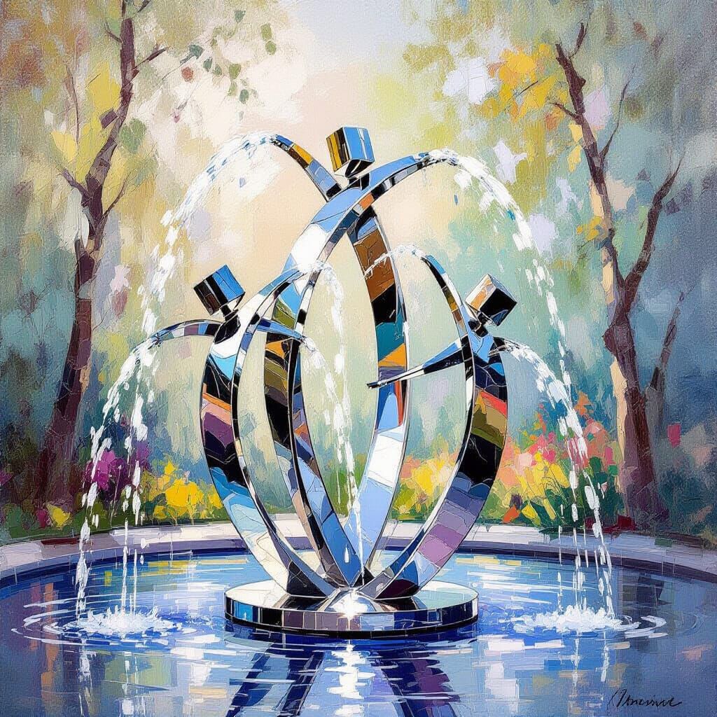 Kinetic Fountain in Impressionist Watercolor Style