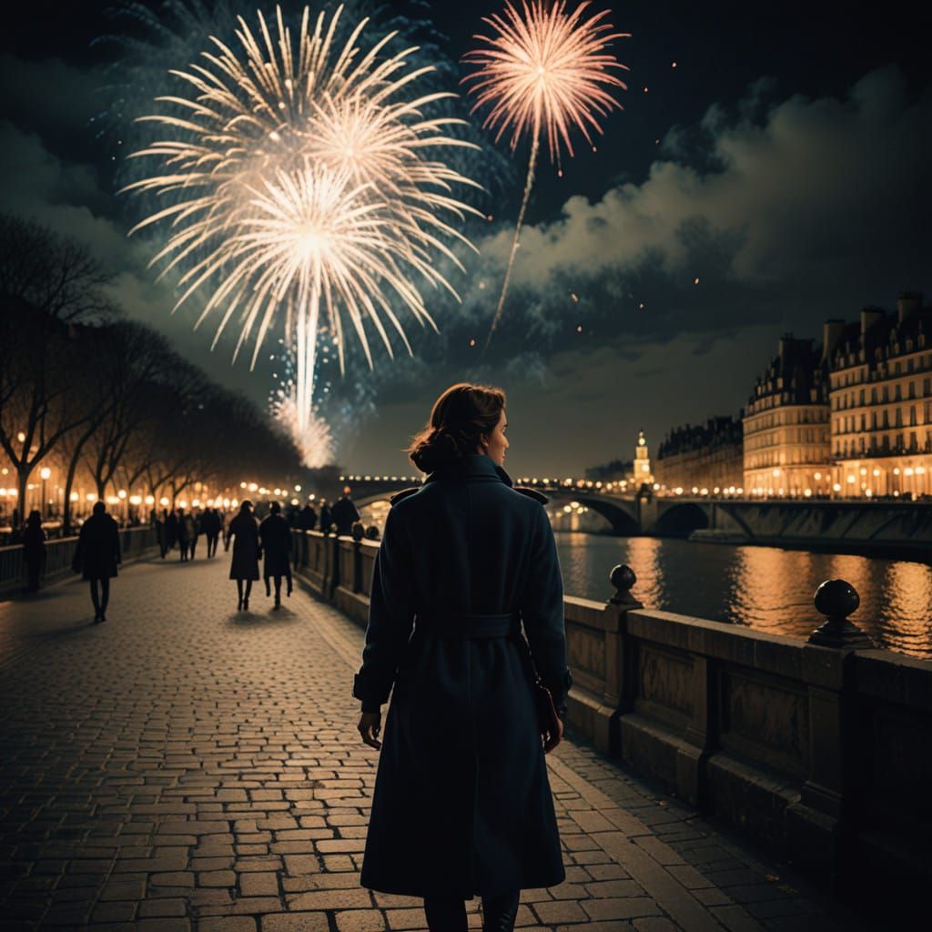 Elegant Woman Gazing Up at New Year's Fireworks by the Seine