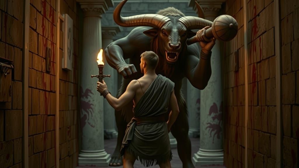 Theseus Confronts Minotaur in Labyrinth