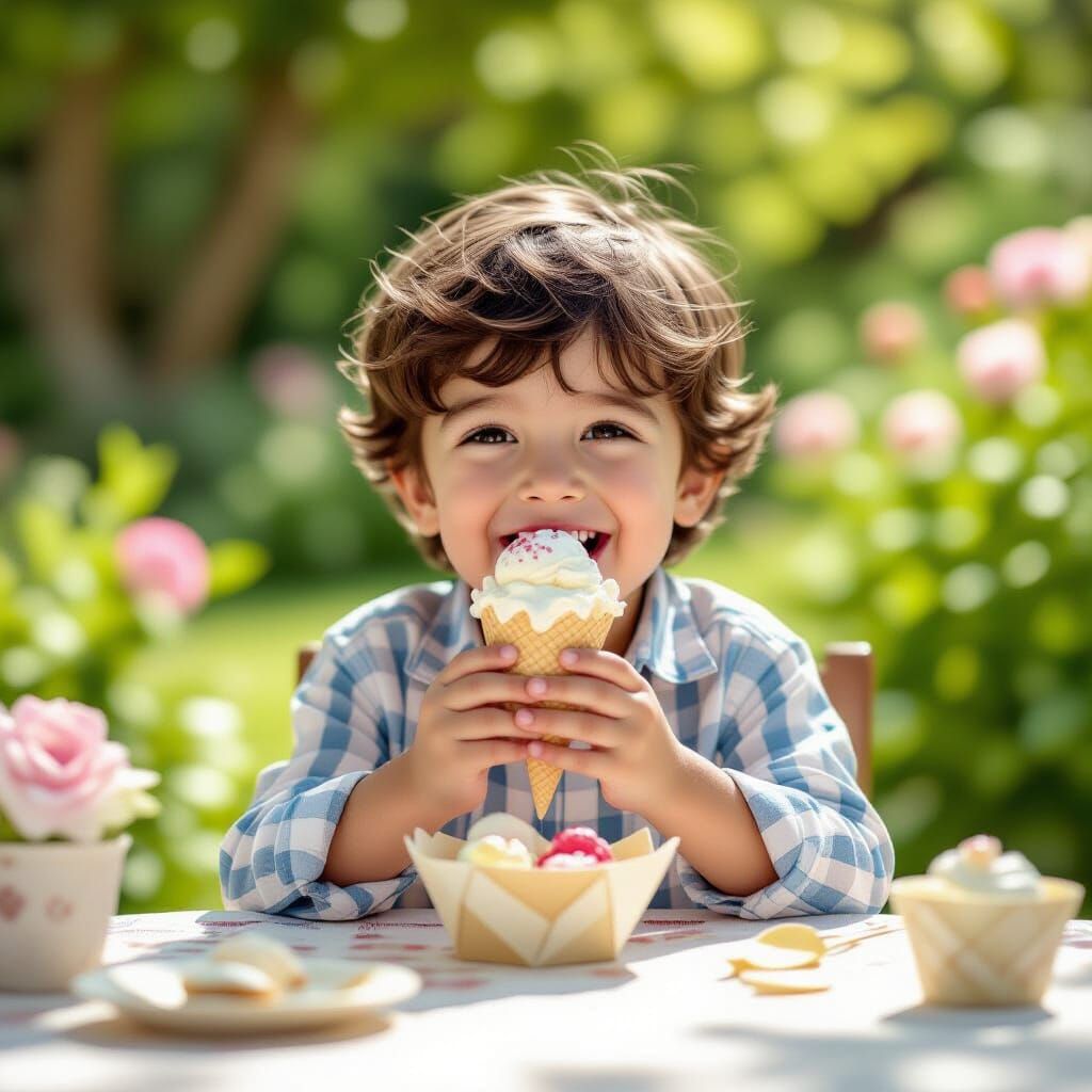 Boy Eating Ice Cream in Garden, Origami Papercraft Style