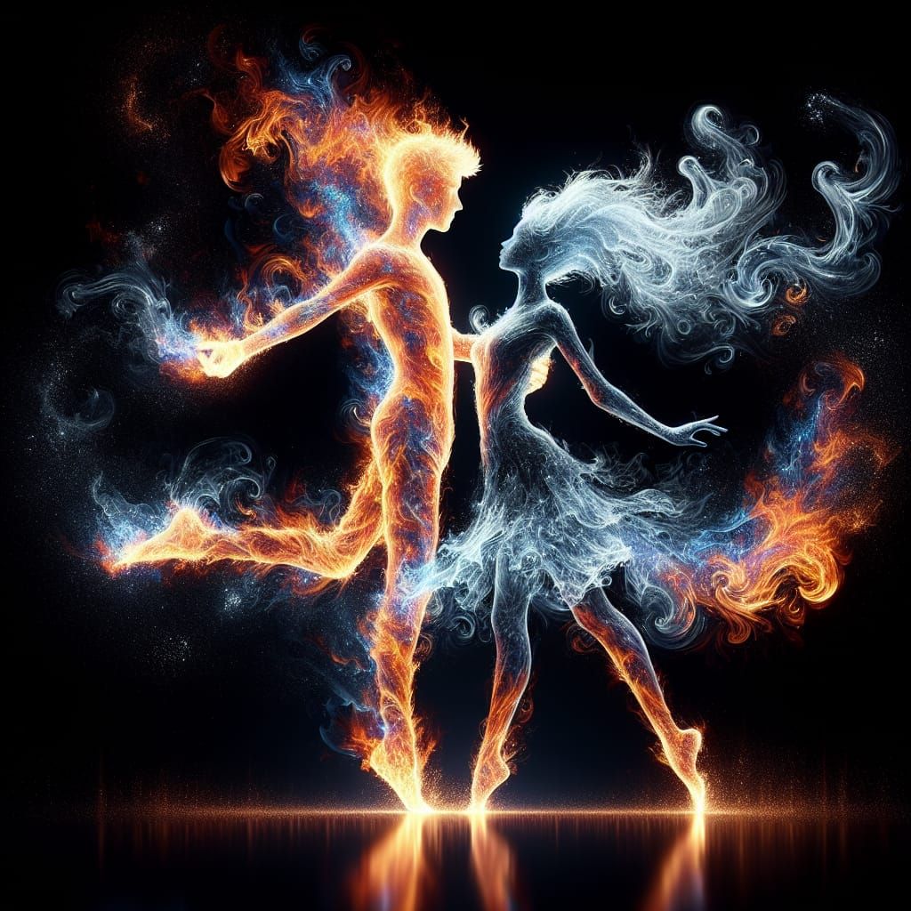 Fiery Boy and Water Girl Dancing in Hypermaximalism